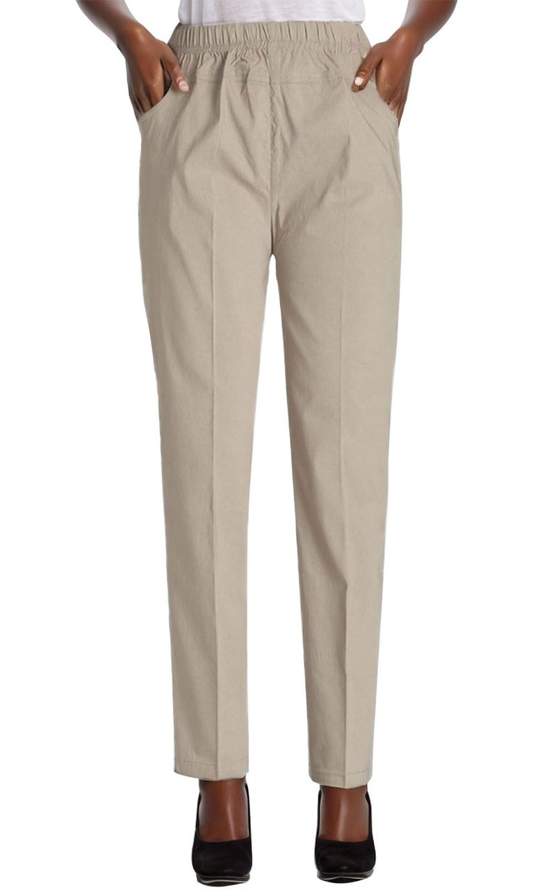 Soojun Womens Summer Elastic Waist Comfy Stretch Pull On Pants, Color Khaki, Small - Image 1